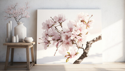 Rustic room with wooden table with vases and a painting of tender pink flowers sakura. Generative AI