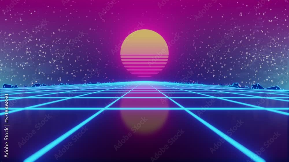 Poster synthwave sunset. animated background. 80s sun. wireframe landscape. retro future perspective grid. 