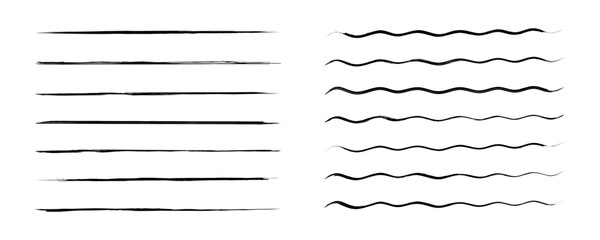 Grunge lines elements set. Straight and Wave lines collection isolated on white background. Grungy elements for design. Vector illustration