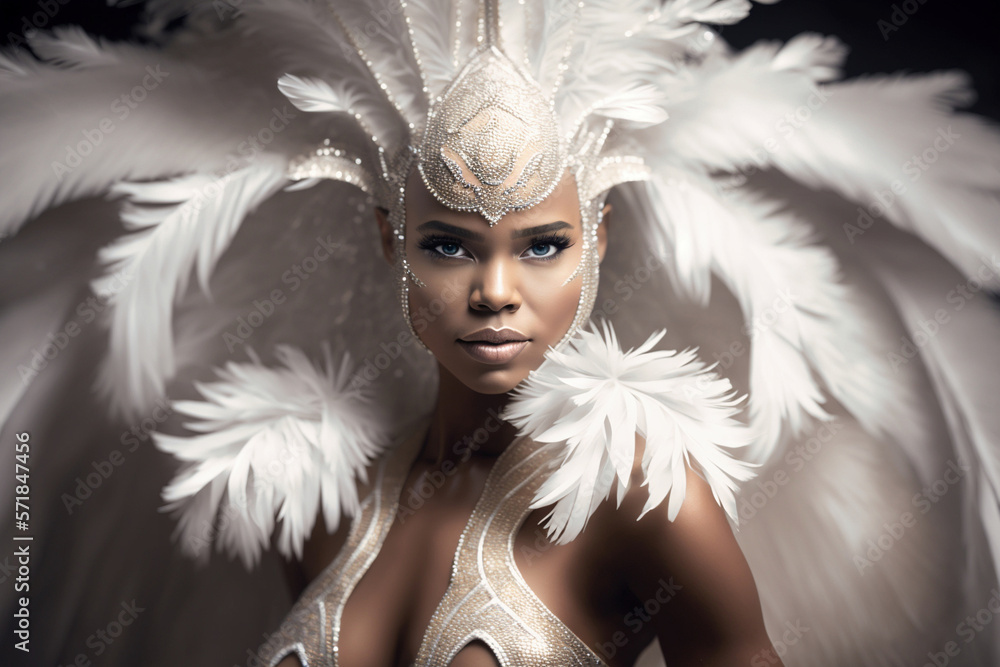 Wall mural Photograph of a beautiful black Brazilian Carnival samba dancer, dressed in a white feather costume