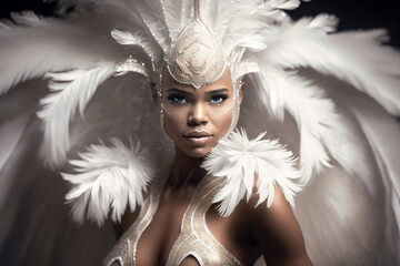 Photograph of a beautiful black Brazilian Carnival samba dancer, dressed in a white feather costume - obrazy, fototapety, plakaty