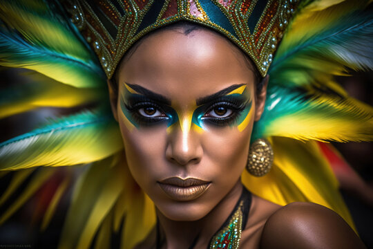 Photograph of a beautiful black Brazilian Carnival samba dancer, dressed in a colorful feather costume of yellow and green colors, wearing face paint