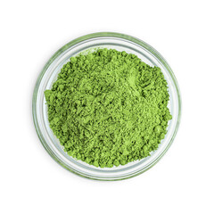 Top view of japanese healthy natural antioxidant matcha ground powder of processed green tea leaves consumed in East Asia served in glass bowl isolated on white background used as drink ingredient