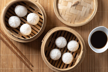 Dumplings in bamboo steamer. Top view. Typical asian food