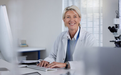 Science portrait, computer and senior woman typing report of healthcare innovation, lab research or medical analysis. Clinic laboratory, medicine study and scientist happy for hospital development