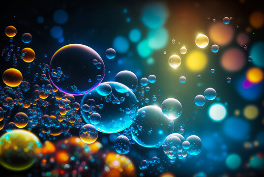 An explosive background of translucent multicolored bubbles offering a dynamic and magical universe. A captivating and unique image. Generative AI