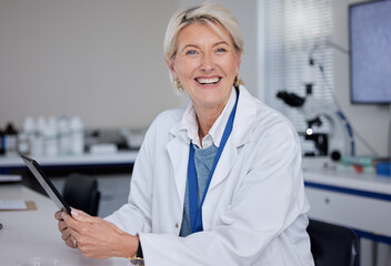 Portrait, doctor and senior woman with tablet in laboratory for science or medical research....