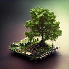 Tree growing from a computer micro chip, representing the future environment and technology. AI Generated.