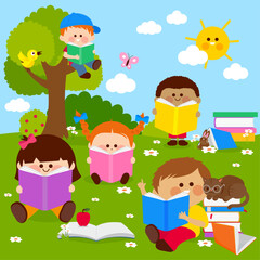 Obraz na płótnie Canvas Children reading books at the park, in nature. Vector illustration.