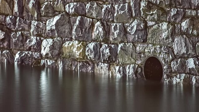 Tide ebbs below a sea wall and drainage pipe - time lapse