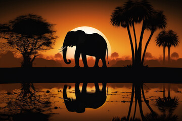 Obraz na płótnie Canvas Silhouette sunset elephant, illustration, wild animals, art, generative ai