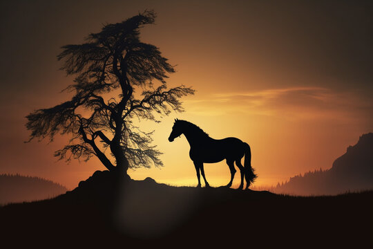 Silhouette sunset horse, illustration, wild animals, art, generative ai