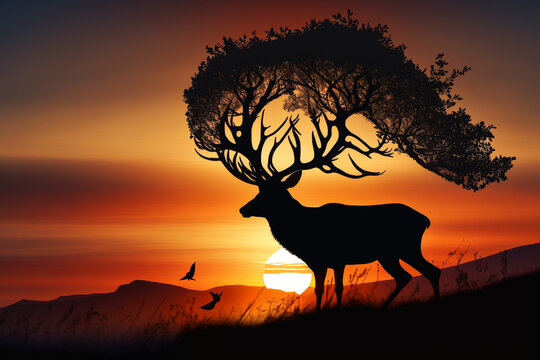 Silhouette sunset deer, illustration, wild animals, art, generative ai