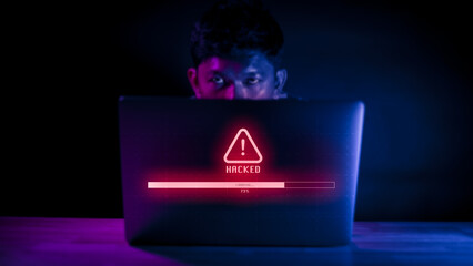Hacked concept.,Hackers use a computer to release malware viruses Ransom and harass organizations,steal important information,Malware,Cyber Attack,Hacking,virus,Cybersecurity,background,copy space