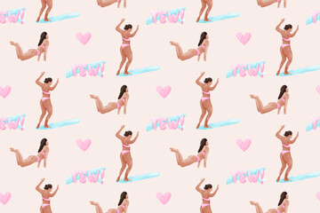 Surfer Girl Surfing Bikini Patterns Background 