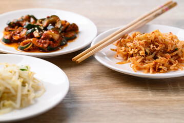 Spicy mung bean sprouts salad and kimchi cucumber, Korean food side dish