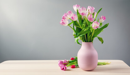 Fototapeta na wymiar A bunch of tulips in pink vase standing on the wooden table
