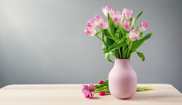 A bunch of tulips in pink vase standing on the wooden table