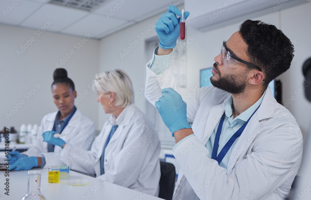 Poster science, laboratory and man with blood in test tube for medical research, dna testing and investigat
