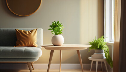 Cozy interior of a living room, sofa and round coffee table green plants.