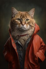 Portrait of a Cat Dressed in a Red Jacket Made with Generative AI