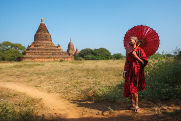 A buddhist Monk in a pagoda in Bagan Myanmar