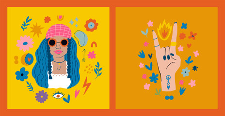 Obraz na płótnie Canvas Hippie aesthetic vector illustration. Girl with flowers. Hand depicts Rock sign. Trippy art and groovy nostalgia. 70x character people