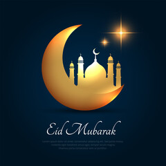 Elegant eid mubarak design background with mosque and crescent moon vector. Simple and clean ramadan kareem background