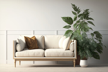 Beige sofa and houseplant, Generative AI