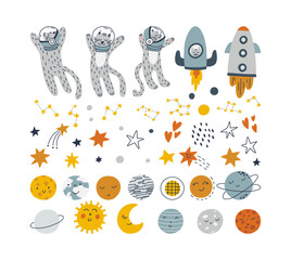 Vector set with cute cats, planets stars in space. Cute cats astronauts. Constellation and comet.
