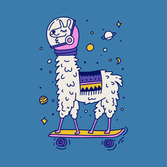 Lama rides a skateboard in space. Cute characters. Cartoon style. Hand drawn poster. Isolated illustrations - 571852055