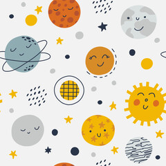 Seamless kids space pattern. Creative nursery background. Ideal for kids design, fabric, packaging, wallpaper, textiles, clothing