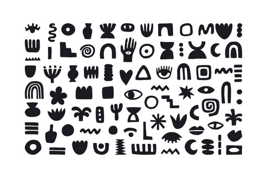 Trendy vector set of abstract pieces. Hand drawn modern forms for card, print on clothes. Creative collage. Trippy symbols.