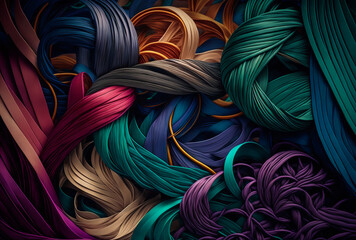Interlaced multicolored ribbons form a harmonious texture of varied shapes and colors, creating a beautiful backdrop. Generative AI
