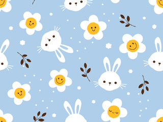 Fototapeta premium Seamless pattern with bunny rabbit cartoons, daisy flower, tree branches and dots on blue background vector illustration. Cute childish print.