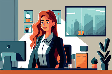 Happy teacher in front of computer in modern office, vector flat character illustration