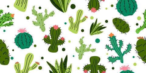Beautiful seamless vector floral summer tropical background with cacti, in cartoon style. Perfect for wallpapers, backgrounds, web design, surface textures, print for textiles. Isolated on white .