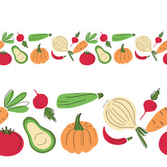 Seamless border with fresh vegetables pumpkin, carrot, avocado, beet, onion, courgette, radish, tomato on white background. Hand drawn vector flat cartoon illustration, cooking, salad, frame.