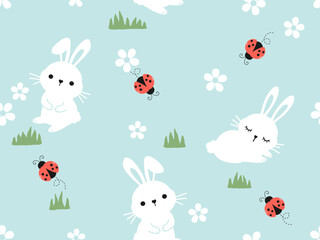 Seamless pattern with bunny rabbit cartoons, lady bug, cute flower on green grass background vector illustration. Cute childish print.