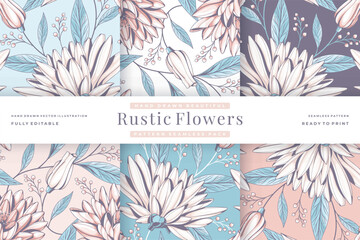 hand drawn beautiful rustic flowers pattern seamless pack