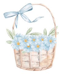 Watercolor illustration of an Easter basket with delicate blue flowers.