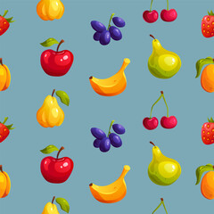Floral seamless pattern with fruits and berries on blue background.  Vector illustration in cartoon style.