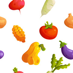Hand drawn vegetables seamless pattern on white background. Vector illustration in cartoon style. Eat healthy.