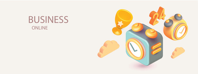 design Yellow alarm clock in house office with 24 hours concept work target group gold cup
 time minimal 3d vector icon sign