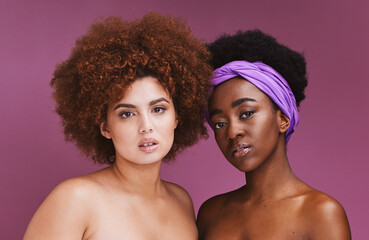 Black woman, studio portrait and afro for friends, beauty or glow for natural aesthetic by purple...