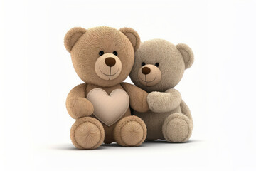 Cute two beige teddy bears holding a heart (Generative AI)