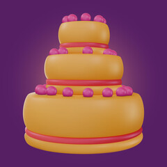 Cartoon vector cake in 3d realistic vivid style. Minimal bright design element for birthday, holiday, anniversary celebration. Cute child glossy soft toy icon. Vibrant render illustration.