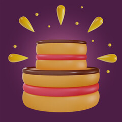 Cartoon vector cake in 3d realistic vivid style. Minimal bright design element for birthday, holiday, anniversary celebration. Cute child glossy soft toy icon. Vibrant render illustration.