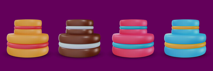 Set vector 3d cartoon tasty cake in realistic minimal style. Collection sweet glossy design elements for birthday, holiday, anniversary celebration. Vivid illustration, icon, symbol.