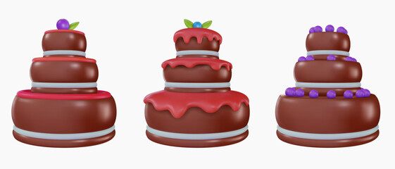 Set vector 3d cartoon tasty cake in realistic minimal style. Collection sweet glossy design elements for birthday, holiday, anniversary celebration. Vivid illustration, icon, symbol.